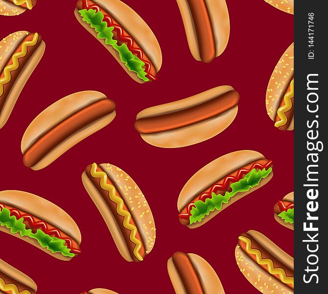 Realistic Detailed 3d Hotdog Fast Food Seamless Pattern Background with Sausage Mustard and Ketchup. Vector illustration of Hot Dog. Realistic Detailed 3d Hotdog Fast Food Seamless Pattern Background with Sausage Mustard and Ketchup. Vector illustration of Hot Dog