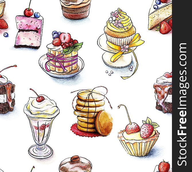 Seamless pattern of the sweet cakes. Cookies associated with string isolated on white background. Drawn by hand watercolor