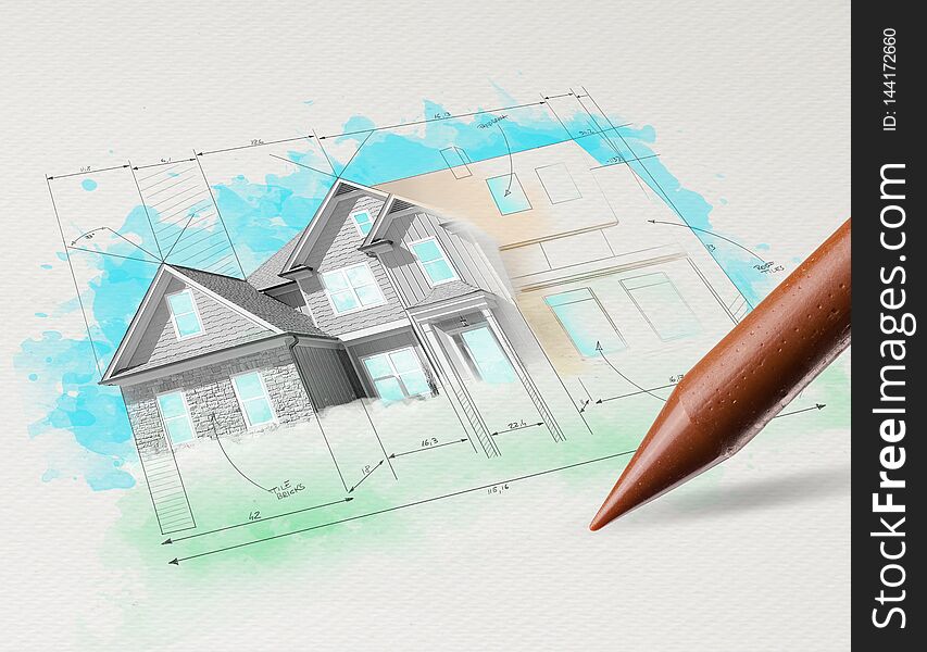 Drawing colored house plan concept. Drawing colored house plan concept
