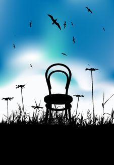 Chair On Meadow Summer, Black Silhouette Royalty Free Stock Image Chair On Meadow Summer, Black Silhouette Royalty Free Stock Image