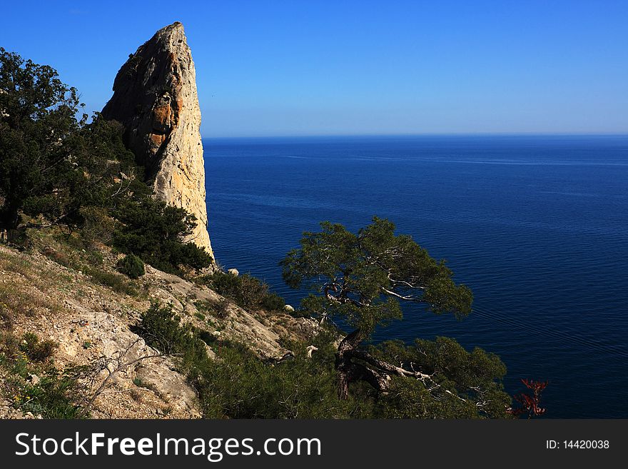 Mountain and sea landscape east of crimea. The mountains and rocks, covered with juniper and pine. Blue sea. Mountain and sea landscape east of crimea. The mountains and rocks, covered with juniper and pine. Blue sea