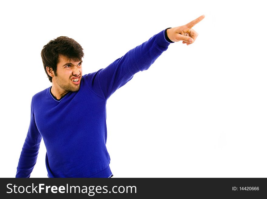 Young casual man pointing with is finger on white background