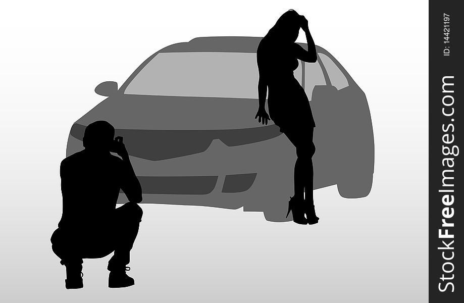 Image of photographer and girl model in cars. Image of photographer and girl model in cars