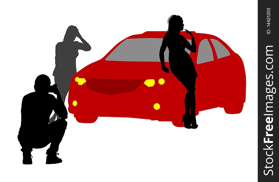 Image of photographer and girl model in cars. Image of photographer and girl model in cars