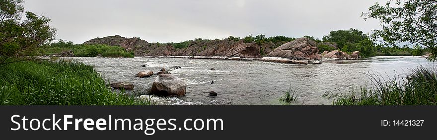 Panorama of the river with granite coast. Panorama of the river with granite coast