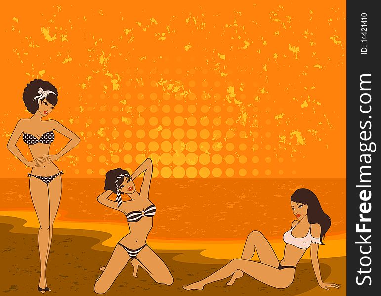 Beautiful girls on a summer beach.  illustration in retro style