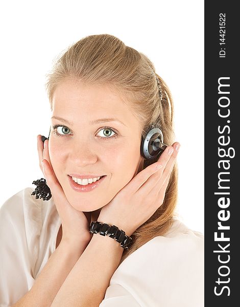 Young blonde girl with  headphones on white. Young blonde girl with  headphones on white