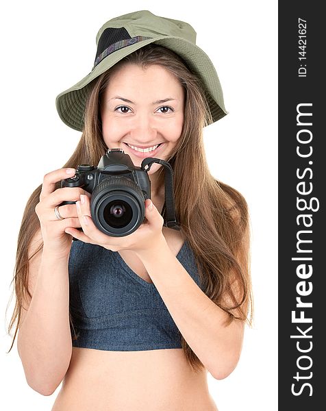 Young girl tourist with camera on white. Young girl tourist with camera on white