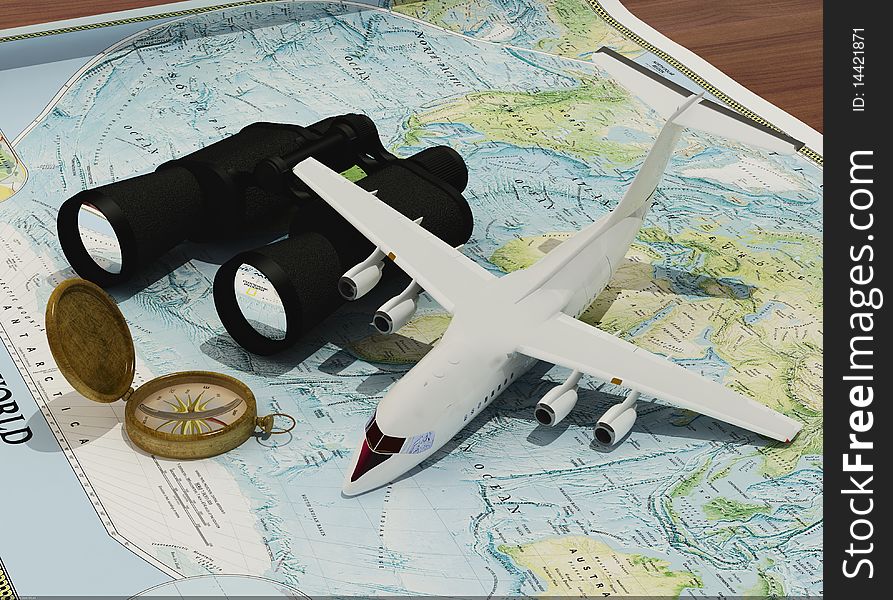 Binoculars, compass and a model airplane on the map. Binoculars, compass and a model airplane on the map.