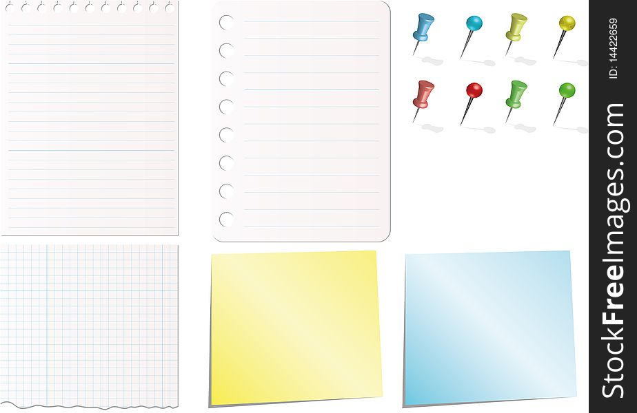 Note papers in white blue yellow colors with pins