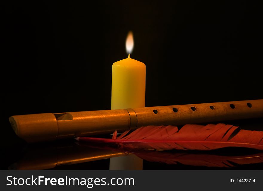 Still Life With Flute, Candle And Red Feather