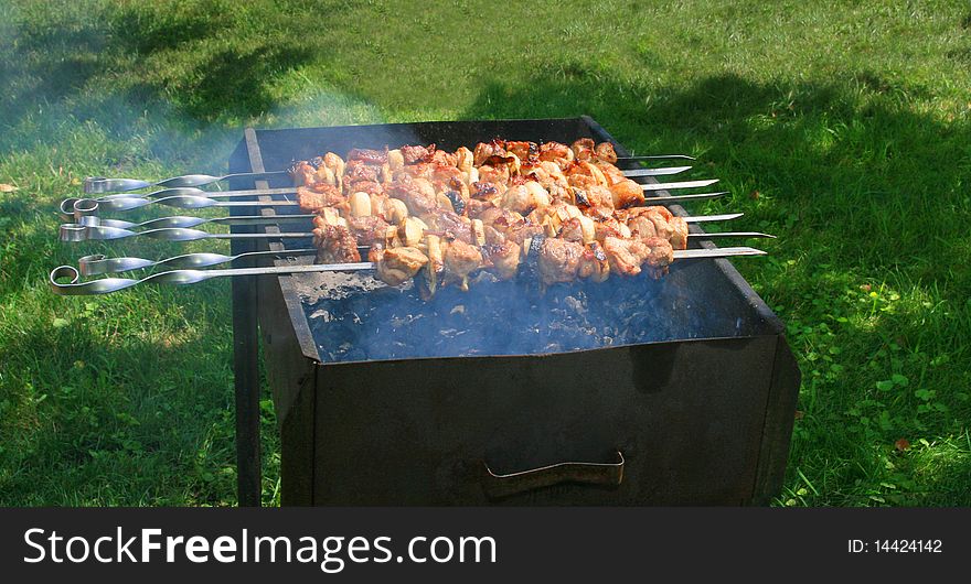 Brazier with a shish kebab in summertime. Brazier with a shish kebab in summertime