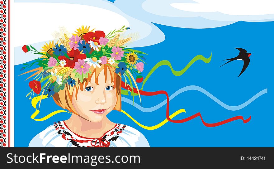 Flowers are weaved with tapes into a circle dressed on a head of the girl. Flowers are weaved with tapes into a circle dressed on a head of the girl