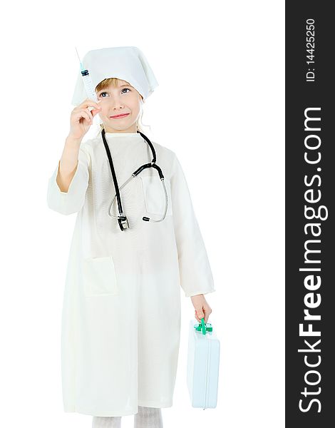 Shot of a little girl in a doctors uniform. Isolated over white background. Shot of a little girl in a doctors uniform. Isolated over white background.