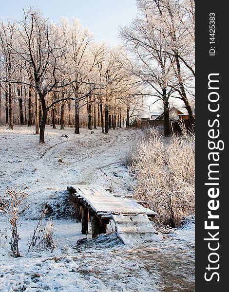 Foot-bridge in the winter forest