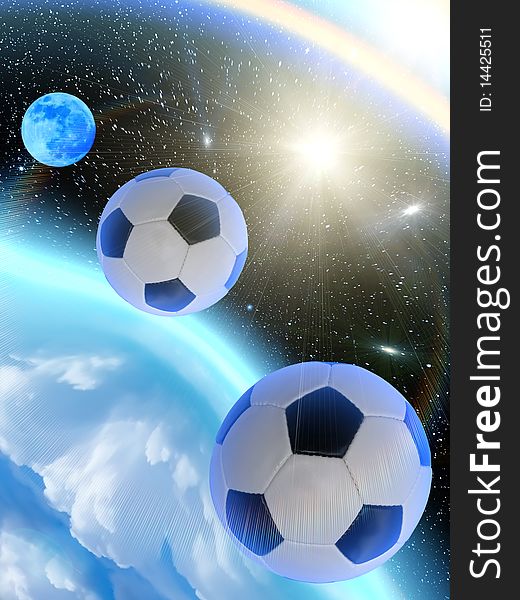 Symbolical flight of footballs over a planet the Earth. Symbolical flight of footballs over a planet the Earth