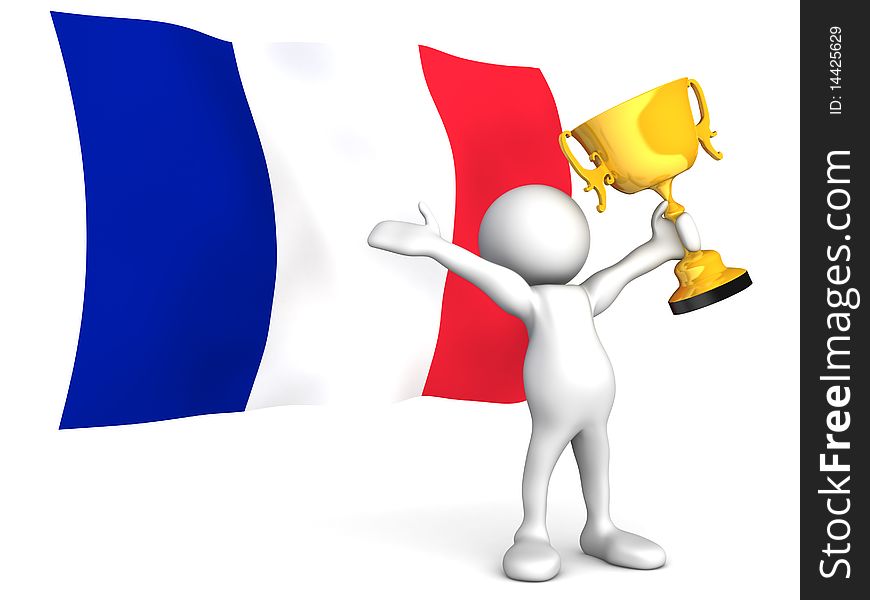 Three dimensional render of a cartoon human figure, holding a trophy aloft in celebration, in front of the flag of France. Isolated on white. Three dimensional render of a cartoon human figure, holding a trophy aloft in celebration, in front of the flag of France. Isolated on white.