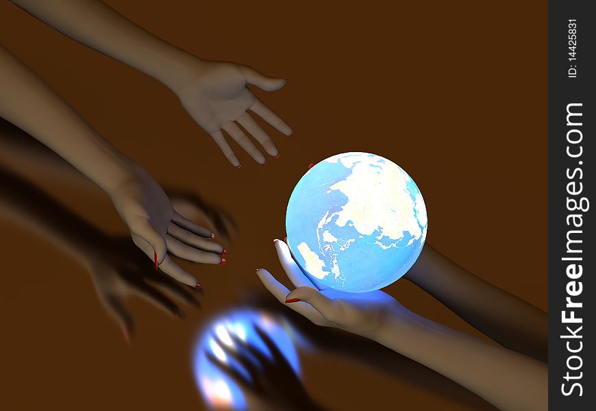 Two hands that transmit blue Glowing Globe. On dark background. Two hands that transmit blue Glowing Globe. On dark background
