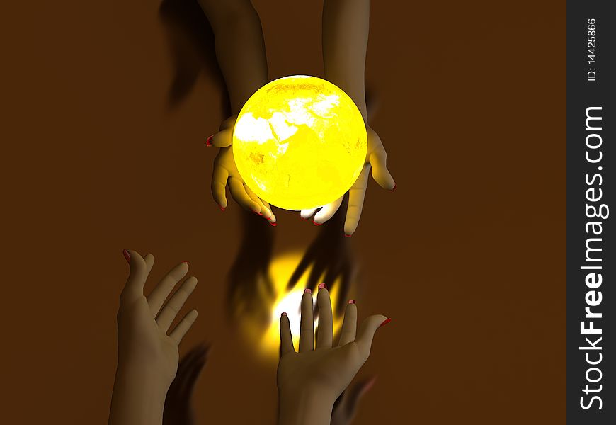 Two hands that transmit yellow Glowing Globe. On dark background. Two hands that transmit yellow Glowing Globe. On dark background