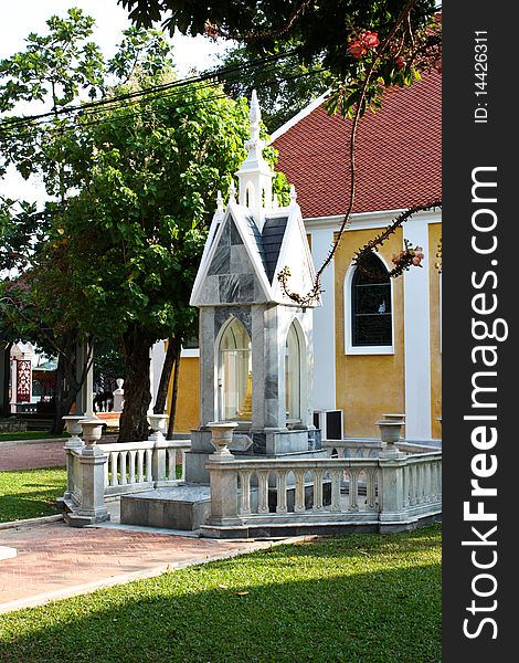 Tower of golden stupa in temple of King Rama the fifth in Thailand