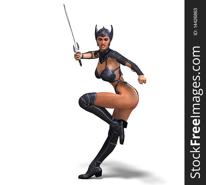 Female amazon warrior with sword and armor. 3D rendering with clipping path and shadow over white