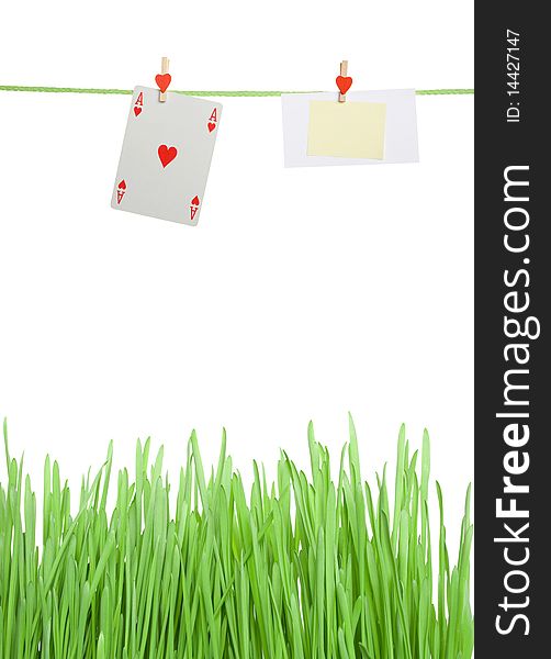 Concept. Playing card ace of hanging on a rope next card. Lawn grass. Isolated. Concept. Playing card ace of hanging on a rope next card. Lawn grass. Isolated