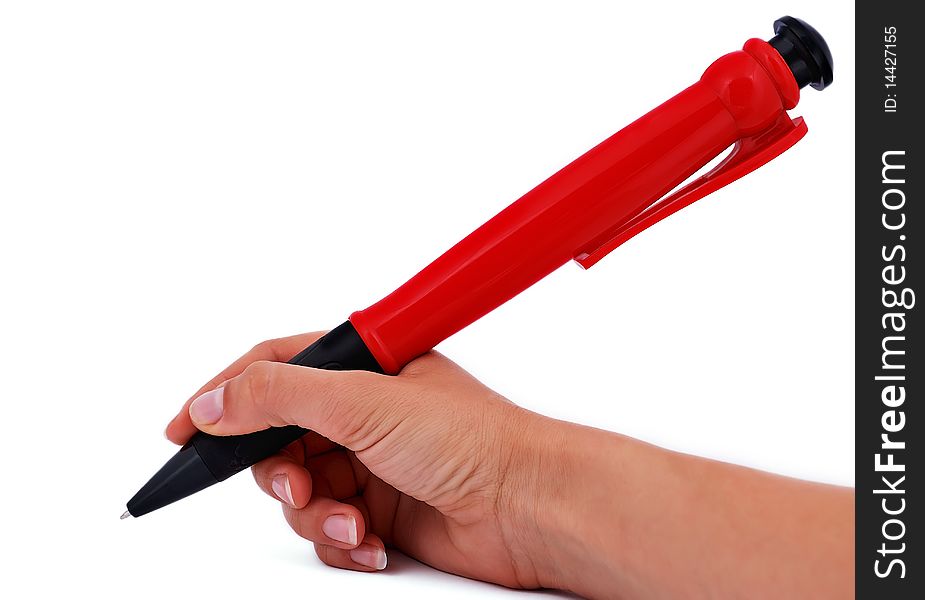 Big pen in hand on a white background