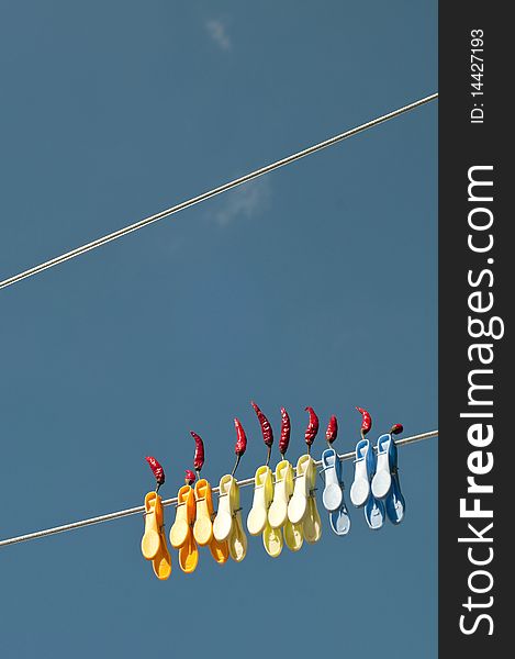 Hot peppers drying in the sun attached to a clothesline. Hot peppers drying in the sun attached to a clothesline