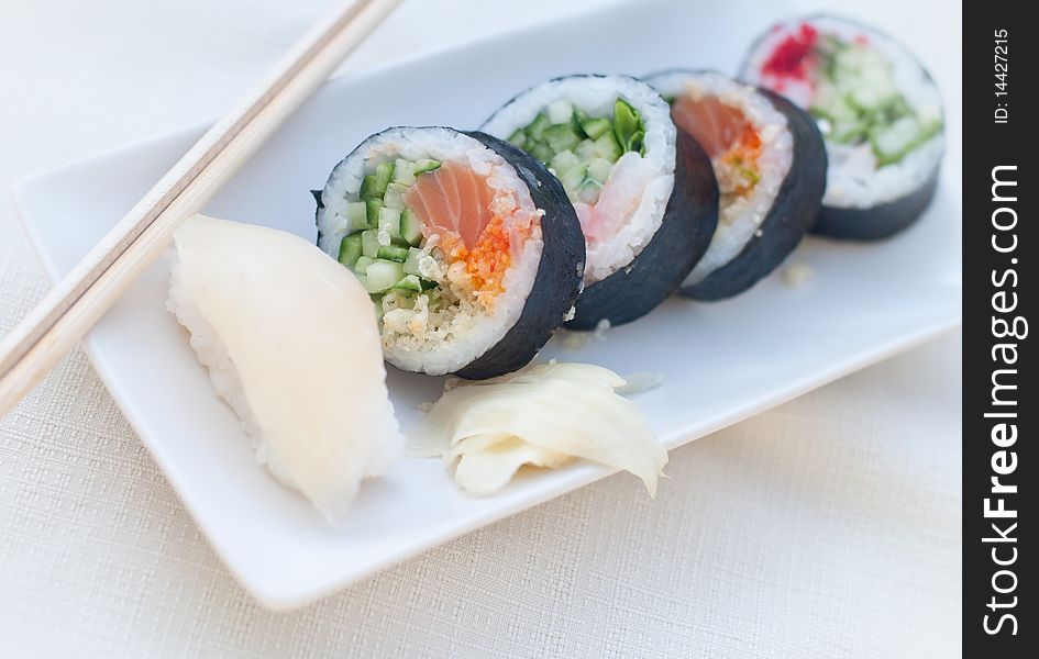 Fresh sushis with salmon, tuna and vegetables
