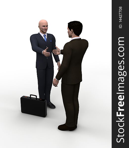 Two 3D businessmen with greeting outstretched hand. Two 3D businessmen with greeting outstretched hand.