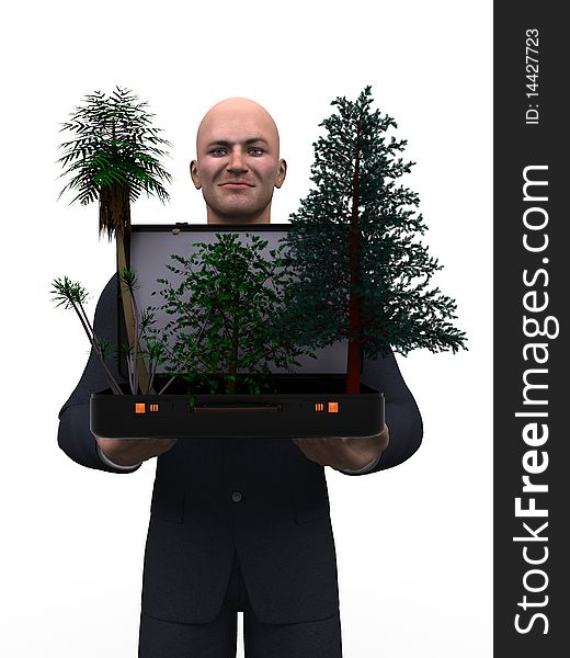 Businessman showing a portfolio with trees and plants. Businessman showing a portfolio with trees and plants
