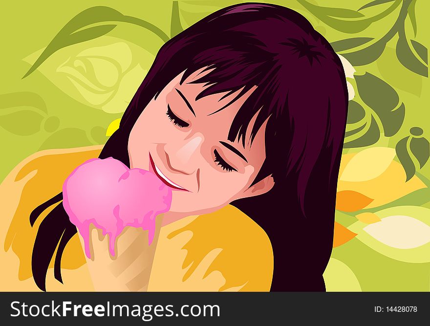 An image of an young girl eating a strawberry flavored ice cream cone. An image of an young girl eating a strawberry flavored ice cream cone