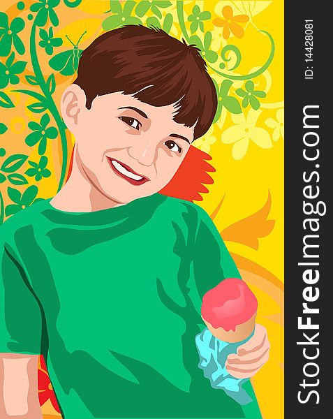 An image of a smiling boy wearing a green t-shirt and holding an ice cream cone in his left hand. An image of a smiling boy wearing a green t-shirt and holding an ice cream cone in his left hand