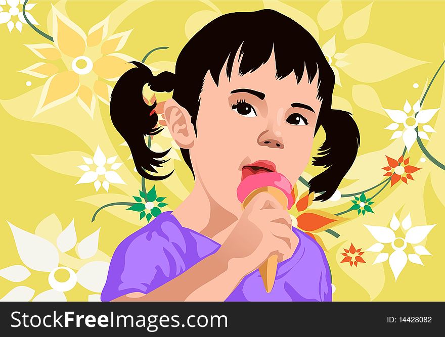 An image showing a small girl in pigtails eating an ice cream cone in summer. An image showing a small girl in pigtails eating an ice cream cone in summer