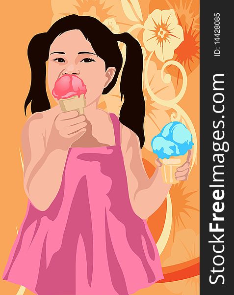 An image of a small girl in pigtails and pink frock is eating one cone of ice cream while holding another cone in her other hand. An image of a small girl in pigtails and pink frock is eating one cone of ice cream while holding another cone in her other hand