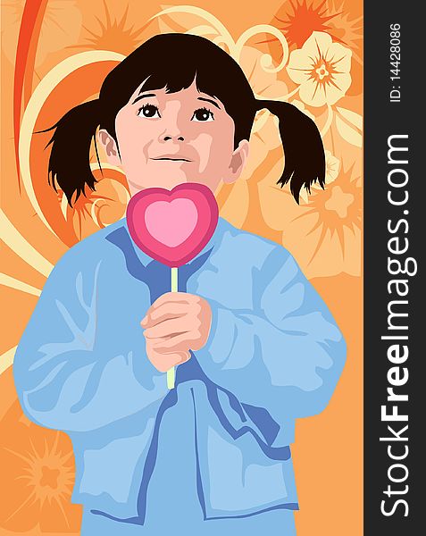 An image of a small girl in pigtails holding a heart-shaped ice cream on a stick with both her hands and looking up at someone. An image of a small girl in pigtails holding a heart-shaped ice cream on a stick with both her hands and looking up at someone