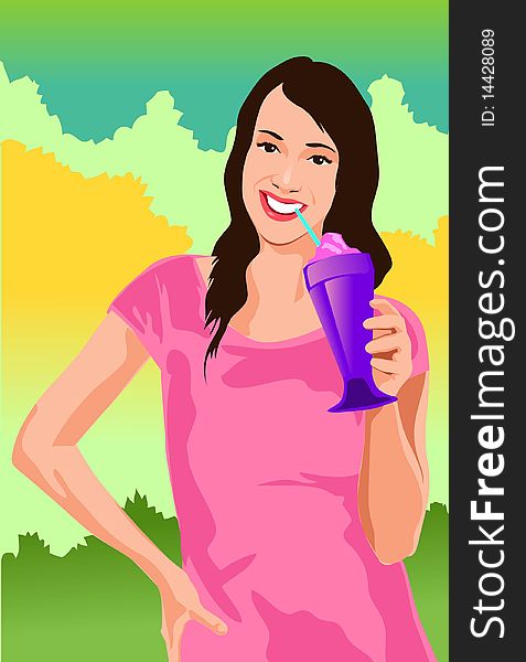An image of a smiling young woman in a pink outfit having a tall glass of frozen sherbet with the help of a straw. An image of a smiling young woman in a pink outfit having a tall glass of frozen sherbet with the help of a straw