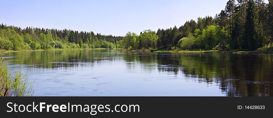 Panorama of a summer landscape with the river and wood