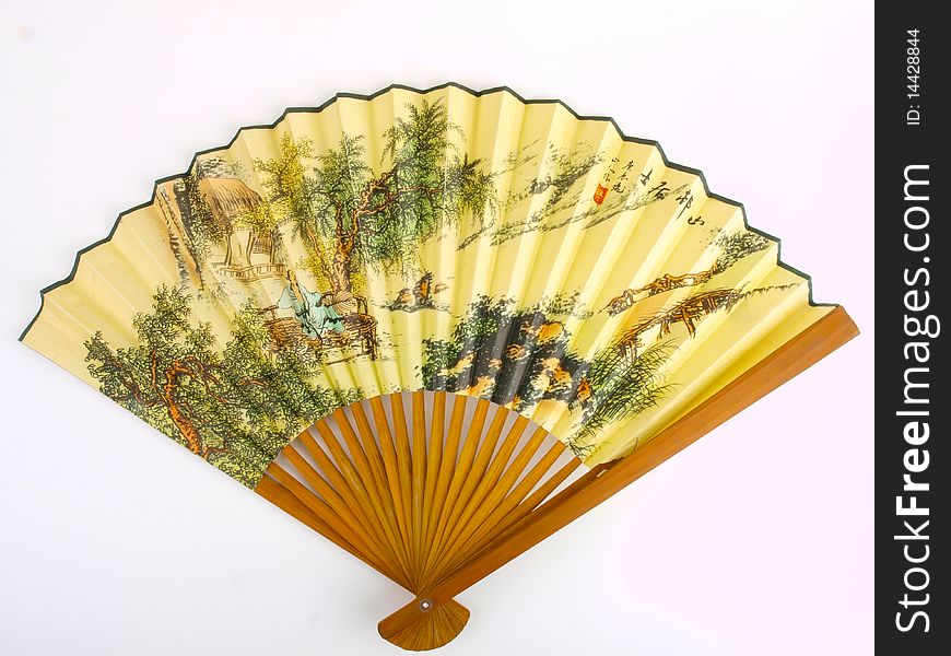 Traditional Chinese fan. Close up on white background