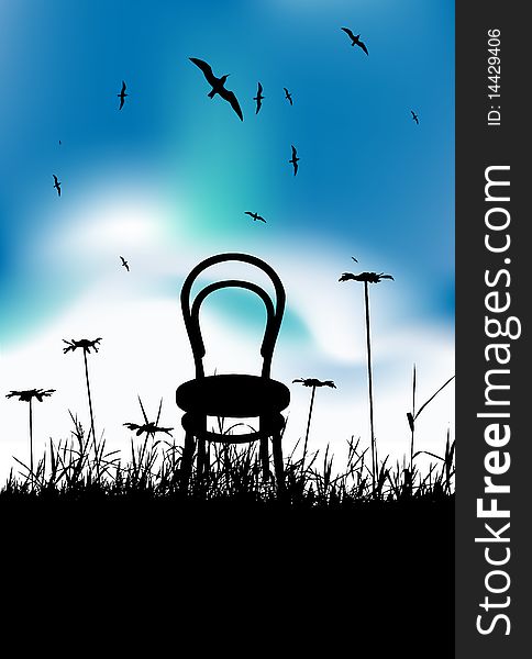 Chair on meadow summer, black silhouette, vector illustration