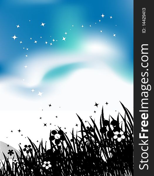 Summer meadow and birds in sky, black silhouette, vector illustration