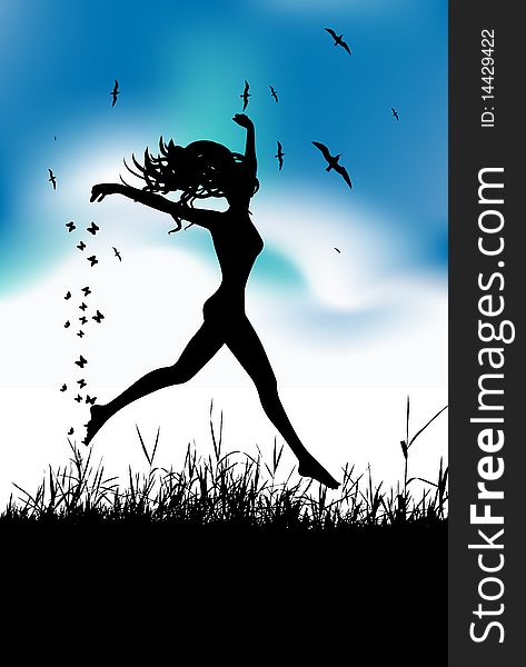 Young woman running on summer meadow, vector illustration