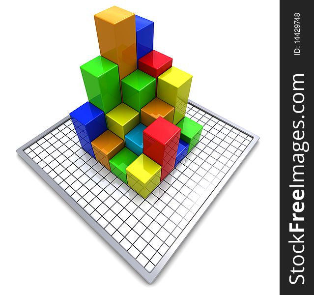 3d illustration of business charts over white background with grid