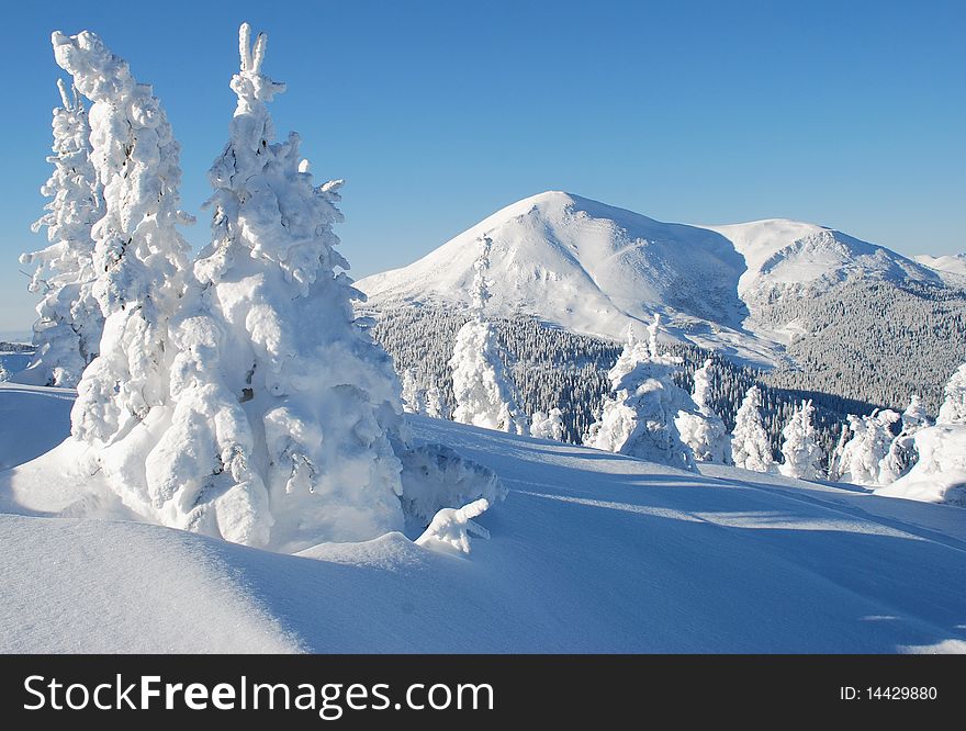 A winter landscape with white mountain top and a snow slope. A winter landscape with white mountain top and a snow slope.