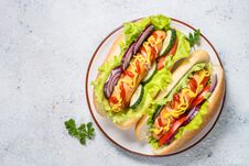 Hot Dog With Fresh Vegetables On White Top View. Stock Photography