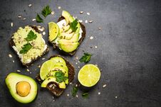 Sandwiches With Avocado On Black. Royalty Free Stock Image
