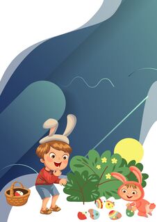 Little Boy Smile Hunting Decorative Chocolate Egg Under Brush In Easter Bunny Costume With Ears And Tail, Vector Stock Photo