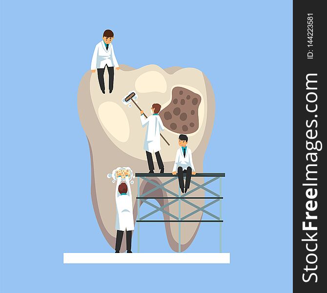 Small Male Doctors Treating Caries Hole On Giant Unhealthy Tooth Vector Illustration