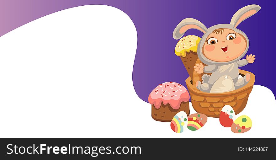 Little Girl Or Boy Hunting Decorative Chocolate Egg, Happy Baby Sit In A Basket, Easter Bunny Costume With Ears And Tail