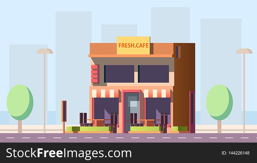 City Street Cafe Building Flat Vector Illustration